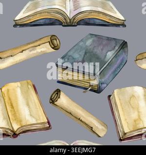 Nahtloses Aquarellmuster mit Vintage-Bibeln, offenen antiken Büchern mit alten gelben Seiten und Papierrollen. Ein handgezeichnetes akademisches und Stockfoto