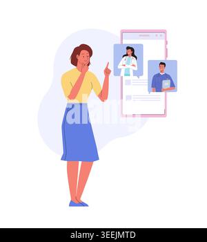 Frau Patientin wählt Arzt in der mobilen App auf dem Smartphone-Bildschirm aus. Online-medizinische Beratung, Fernversorgung Stock Vektor