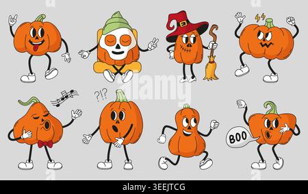 Groovige halloween Kürbisse. Lustiger Kürbis, schreckliche und niedliche Herbstpartys. Maskottchen, Ernte, neoterische Vektor-Set Stock Vektor