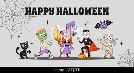 Halloween grooviger Hintergrund. Lustige Hexe, Vampir, Zombie, Mumie und schwarze Katze mit Fledermaus. Herbstfest, schreckliches Partyplakat mit Spinnennetz Stock Vektor