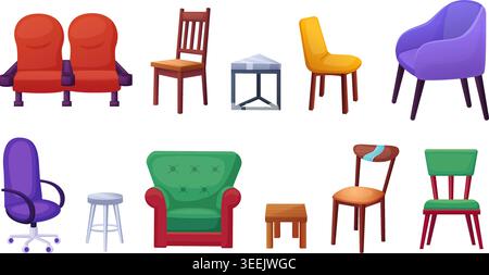 Sessel, Stühle und Hocker. Cartoon Stuhl für Wohnzimmer, Kino, Büro oder Halle Wartezone. Holzhocker für Küche, Esszimmer, Stuhl im Freien Stock Vektor