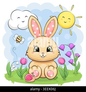 Niedliches Karikaturkaninchen in der Natur. Frühling Vektor Illustration mit Blumen, Bienen, Schnecken, Sonne, Wolke. Stock Vektor