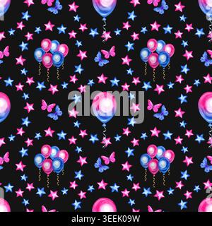 Nahtloses Aquarellmuster für eine Gender Reveal Party mit rosa und blauen Ballons, Schmetterlingen und funkelnden Sternen. Eine festliche Hand gezeichnet Stockfoto