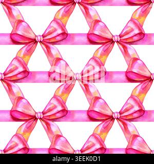 Nahtloses Aquarellmuster mit einem geometrischen Gitter aus leuchtend rosa Seidenbändern und eleganten Schleifen. Ein zarter, handgezeichneter dekorativer Hintergrund Stockfoto