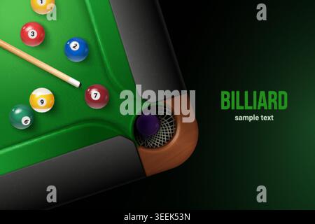 Realistischer Billardtisch. Snooker-Wettbewerbsposter, 3D-Billardbälle mit Zahlen auf grünem Tisch oben Ansicht amerikanisches Turnier Sportspiel Spielbanner exakte Vektorillustration Originalkunstwerk Stock Vektor