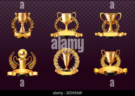 Realistischer Becher Lorbeer. 3D goldene Auszeichnung, goldene Trophäen-Becher mit Lorbeerkranz und Band Gewinner Medaille Emblem Gewinn Preis Champion Sieg Stern isolierte Ikone exakte Vektor Illustration Original Kunstwerk Stock Vektor
