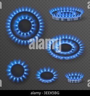 Realistische Gasbrenner. 3d Ofen Herd blau Feuer Flamme Brenner von oben Seite Ansicht, Küche Herd Erdgas Ring Licht Haus Kochen Hitze Sicherheit Brennstoff isoliert Set greish Vektor Illustration Original Kunstwerk Stock Vektor