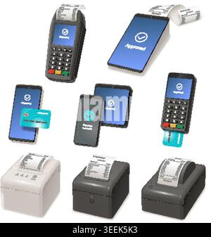 Realistisches Zahlungsterminal. 3d POS Maschine, elektronisches Gerät für Kreditkartenzahlung Zahlungsbeleg Bank geldautomat Punkt mobil kontaktlos nfc Finanzen Bargeld Geschäft grell Vektor Illustration Original Artwork Stock Vektor