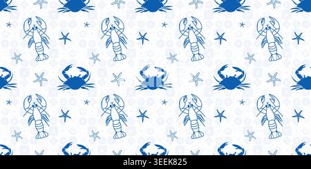 Minimalistisches nahtloses Vektormuster mit blauen Linien von Krabben, Hummer und Seesternen. Mediterranes Design für Sommertextilien und Dekor. Stock Vektor