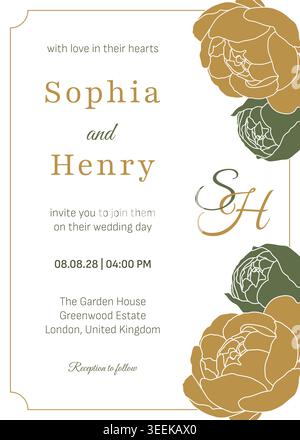 Elegante florale Hochzeitseinladungsschablone mit goldenen Pfingstrosen salbeigrünen Blättern Monogramm und minimalistischem Layout Vektor Stock Vektor