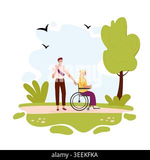 Junger Mann in dunkler Brille und Frau im Rollstuhl auf dem Walk-in-Park. Vektor-Illustration für Invaliditätseinschluss, Pflegebedürftigkeit. Stock Vektor