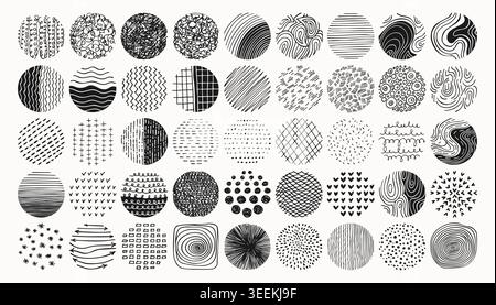 Handgezeichnete runde abstrakte Hintergrundmuster Set. Kritzele Flecken, Tropfen Pinselstriche Buntstift Kurven Linien Kritzelnde Kreisformen. Trendige Muster für Poster, Social-Media-Symbole Illustrationsvorlagen Stock Vektor