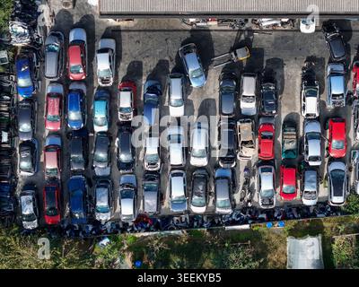 Aus der Vogelperspektive auf einen PKW-Schrottplatz mit Reihen verlassener und zerstörter Fahrzeuge, die auf einem organisierten Parkplatz unter hellem Sonnenlicht in Settimo Torinese, Piemont, geparkt sind Stockfoto