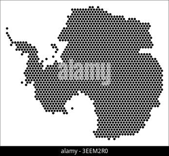 Antarktis-Sechseckkarte. Einfache, gepunktete Schablone in Schwarz und weiß. Winzige Hexagon-Zellen. Antarktis flache Wabenschablone. Stock Vektor