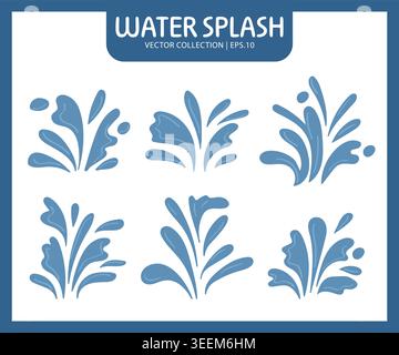 Ein professionelles Set aus sechs blauen flachen Wasserspritzkritzeleien mit verschiedenen Flüssigkeitsbewegungen und Flüssigkeitstropfen. Stock Vektor