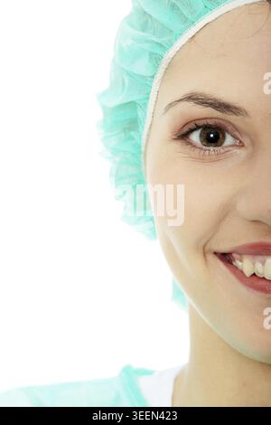 Porträt von weiblichen Arzt oder Krankenschwester in schützende Uniform, isoliert auf weißem Hintergrund Stockfoto