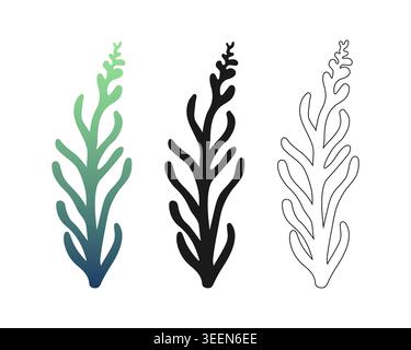 Abstrakte Silhouetten aus Bio-Algen in blauem Farbverlauf, einfarbigem Schwarz und minimalistischen Umrissstilen für marineblaue Brandings, Wasserverpackungen, A Stock Vektor