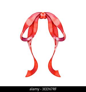 Aquarellillustration eines eleganten roten Seidenbandes, das zu einer zarten Schleife mit langen fließenden Schwänzen gebunden ist. Ein lebendiges, handgezeichnetes dekoratives Element Stockfoto