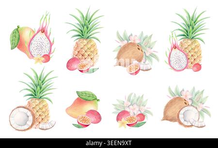 Clipart-Set mit tropischen Früchten, Aquarell und farbige Bleistiftillustration Stockfoto