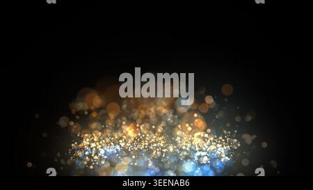 Aufsteigende Bokeh-Lichter aus blauem Gold für Overlay-Design abstrakter festlicher magischer Staub, isoliert auf schwarzem luxuriösem Schein-Textur-Konzept Stockfoto