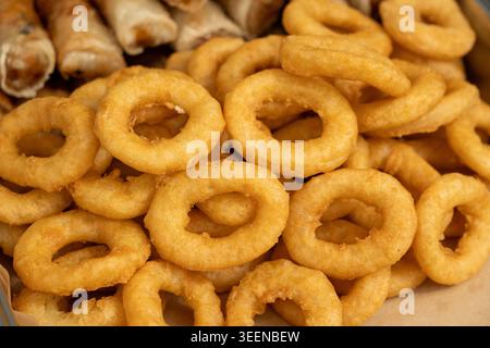 Frittierte Meeresfrüchte mit Calamari-Ringen, knusprigen Gyoza-Knödeln, Garnelen und Frühlingsrollen. Asiatisches Buffet, ungesundes Streetfood Stockfoto