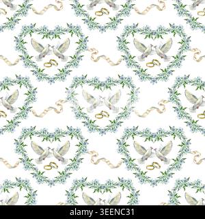Nahtloses Aquarellmuster mit romantischen Hochzeitssymbolen: Weiße Tauben, goldene Ringe und Blumenherzen aus blauen Blumen mit eleganten Bändern Stockfoto