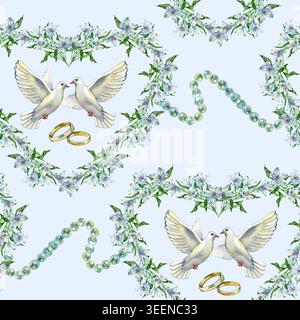 Nahtloses Aquarellmuster mit romantischen Hochzeitssymbolen: Weiße Tauben, goldene Ringe und Blumenherzen aus blauen Blumen mit eleganten Bändern Stockfoto