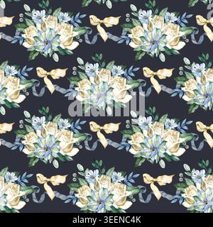 Nahtloses Aquarellmuster mit eleganten Brautsträußen mit weißen Rosen, blauen Blumen und grünen Eukalyptusblättern. Mit Seidenbändern dekoriert Stockfoto