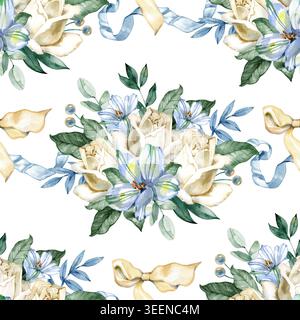 Nahtloses Aquarellmuster mit eleganten Brautsträußen mit weißen Rosen, blauen Blumen und grünen Eukalyptusblättern. Mit Seidenbändern dekoriert Stockfoto