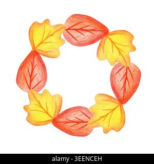 Ein bezaubernder und lebendiger handgezeichneter Kranz aus herbstlichen Blättern in warmen Rot-, Orange- und Gelbtönen. Erstellt mit farbigen Bleistiften naive Kunst Stockfoto