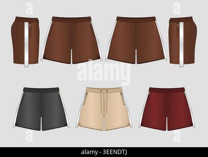 Männer Sport Shorts Technische Mode flache Skizze Vektor Set vorne hinten Seitenansichten Casual athletische kurze Hosen Design Vorlage mit Kordelzug und Reißverschluss Stock Vektor