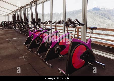 Leeres Fitnesscenter mit Sitzreihen für Heimtrainer und Rudergeräte. Moderne Ausstattung in hellem, natürlichem Raum mit großen Fenstern mit Blick auf s Stockfoto
