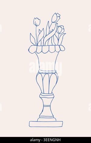 Handgezeichnete lange griechische Vase mit Blumen im Doodle-Stil. Designelement für Hochzeitseinladungen, Karten, Menü, Druck Stock Vektor