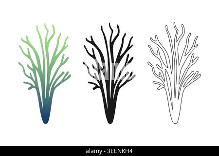 Verzweigte botanische Silhouetten, die an Staghornkorallen in mintfarbenen bis marineblauen Gradienten erinnern, massives Schwarz und lineare Stile für Öko-Verpackungen, Meeresbiologie in Stock Vektor