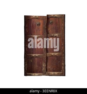 Alte alte alte Holztür mit rustikaler, altertümlicher Textur. Traditioneller Eingang mit verwitterten Holzdielen. Historisches architektonisches Element isoliert o Stockfoto