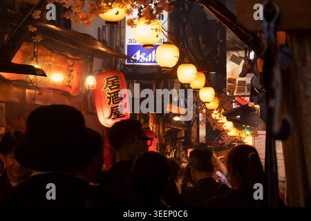 Die Menge läuft durch eine enge Gasse, die von Papierlaternen und warmen Lichtern beleuchtet wird, in einer Straße mit Nachtleben in Tokio. Stockfoto