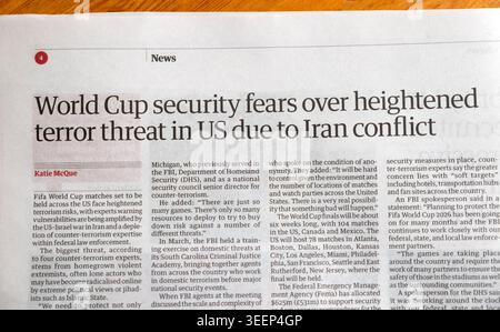 Die Zeitung „World Cup Security Ängste wegen erhöhter Terrorbedrohung in den USA aufgrund des Iran-Konflikts“ schreibt Fußball-Fußball-artikel 9 Mai 2026 UK Stockfoto