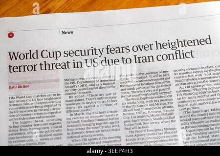 Die Zeitung „World Cup Security Ängste wegen erhöhter Terrorbedrohung in den USA aufgrund des Iran-Konflikts“ schreibt Fußball-Fußball-artikel 9 Mai 2026 UK Stockfoto