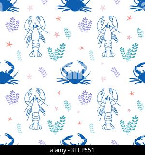 Nahtloses Vektormuster mit umrissenem Hummer, blauer Krabbe, kleinen orangen Seesternen und Meerespflanzen. Verspieltes marineblaues Design für Textil und Dekor. Stock Vektor