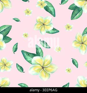 Nahtloses Muster mit handgemalten Aquarellblumen und tropischen Blättern auf pastellrosa Hintergrund. Botanische Illustration des Exotischen Stockfoto