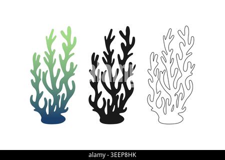 Silhouetten aus Staghornkorallen, die an Unterwassergeweihe erinnern, in kalkfarbenem bis marineblauem Farbverlauf und minimalistischem Design für umweltbewusstes Hautpflegepaket Stock Vektor