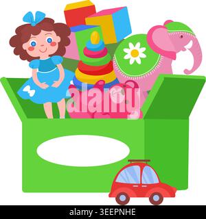 Spielzeugbox für Kinder. Kindliche humanitäre Hilfe in Containern. Spenden für Kleinkinder. Bunte Puppen oder Autos. Plüschtiere. Bälle spielen Stock Vektor