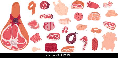 Fleischprodukte im Cartoon-Stil. Natürliche landwirtschaftliche Erzeugnisse. Gourmet-Köstlichkeiten. Geräucherte Würstchen. Speck und Schinken. Metzgerei. Frisches Huhn oder Lamm. Raw Stock Vektor