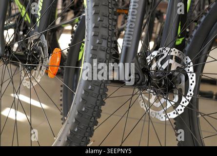 Mountainbike-Vorderräder mit robusten Reifen, modernen Scheibenbremsen und Federgabeln, die Details der modernen Radausrüstung und hervorheben Stockfoto