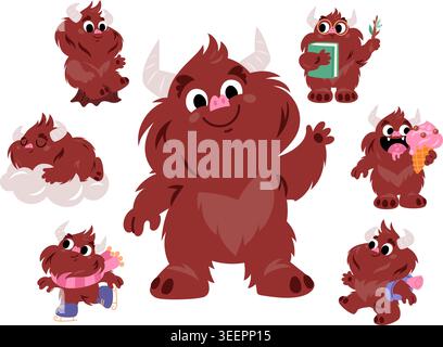 Zeichentrickfiguren mit Bigfoot. Glücklicher, flauschiger Yeti, der Eis isst. Fantasy-Sasquatches essen Eis und gehen zur Schule. Fellpelz mythisch Stock Vektor