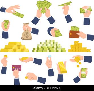 Businessmans Hände, die Geld, Goldmünzen und Barren halten. Dollar-Banknoten. Vollständiges Guthaben. Kreditkarte. Finanzberichte und Budgetplanung. Diamant und Stock Vektor
