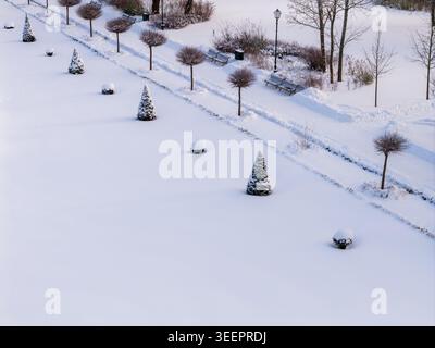 Luftaufnahme von konischen und runden getrimmten Bäumen in einem schneebedeckten Park mit Bänken und einem Pfad in Litauen. Stockfoto
