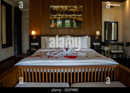 Romantisches Luxushotel in Vietnam mit Handtuchschwänen in Herzform und roten Rosenblättern auf einem Kingsize-Bett. Einrichtung aus Holz, warme Beleuchtung und tropi Stockfoto