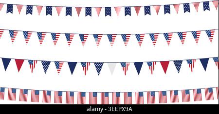 Mehrreihige usa Fahnenfahne Girlande Wimpel Set Vektor-Illustration für festliche patriotische Feiertagsdekoration Stock Vektor