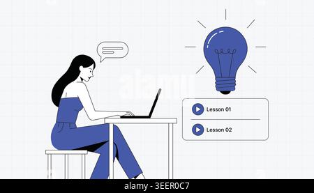 Online-Fernlernstudentin Frau, die auf Laptop mit kreativer Idee Glühbirne Qualität Service Illustration studiert Stock Vektor